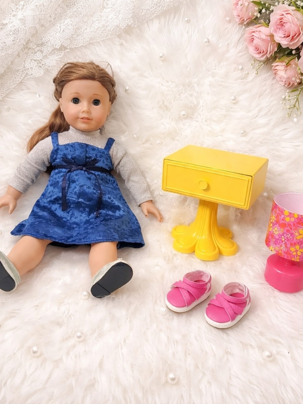 American Girl Doll Blue Sapphire Party Outfit Silver Shoes Lamp Works Dresser